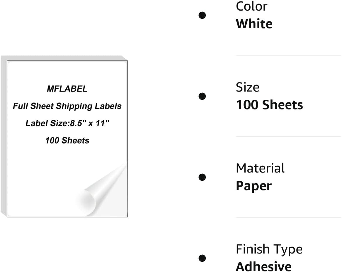 MFLABEL Full Sheet Sticker Label, Address Sticker, White Matte Label Paper, 8-1/2" x 11" Shipping Labels for Laser & Inkjet Printer (800 Labels, 800 Sheets)