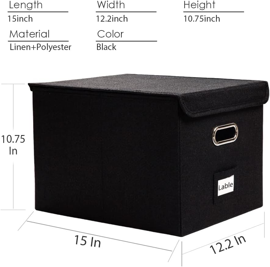 PRANDOM File Organizer Box - Set of 1 Collapsible Decorative Linen Filing Storage Hanging File Folders with Lids Office Cabinet Letter Size Black (15x12.2x10.75 inch)