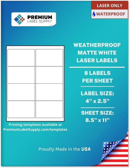 Premium Label Supply Waterproof White Address Sticker Labels – 4" x 2.5" – Laser Printers Only – (8 per Sheet), 1000 Sheets - 8,000 Total Adhesive Labels