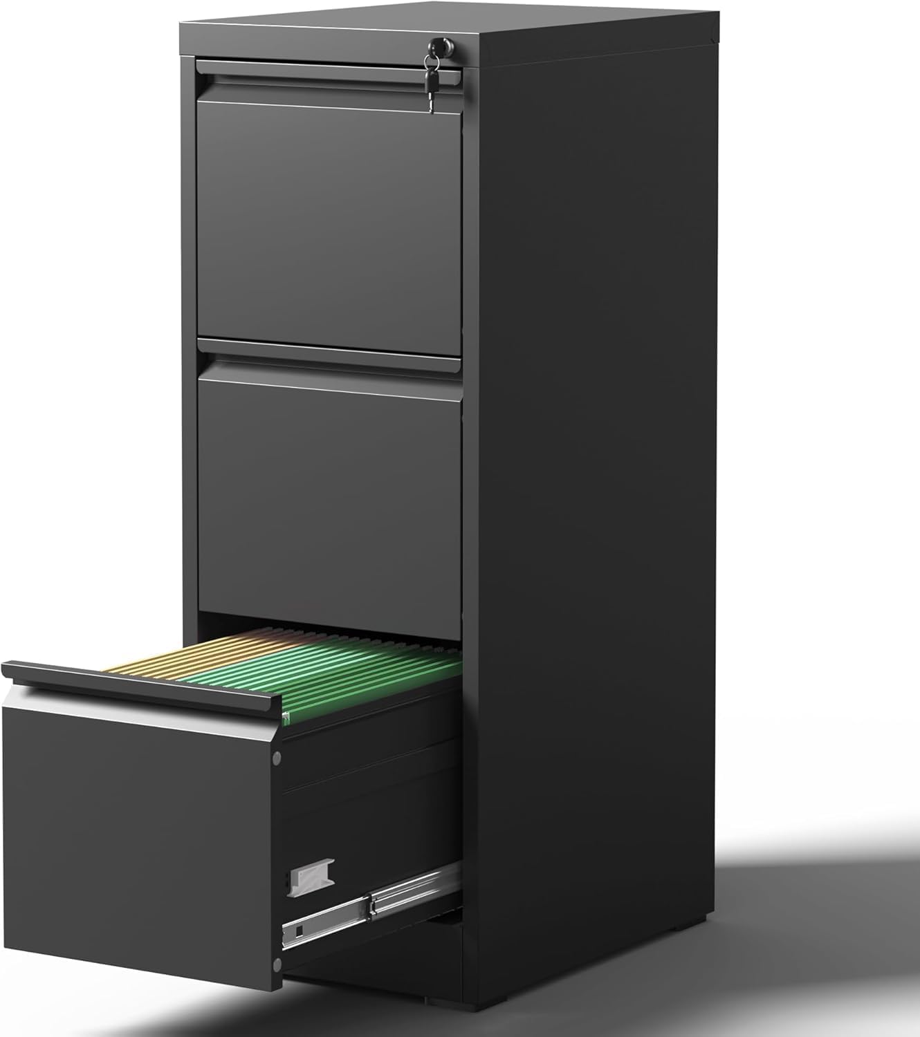 3 Drawer File Cabinet with Lock, Vertical Filing Cabinets for Home Office, Locking File Cabinet Hanging Files for A4/ Legal/Letter, Require Assembly, Black