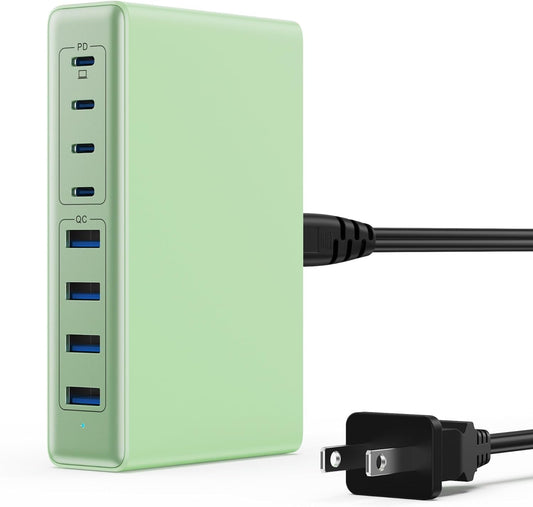 200W USB C Charger Block,8-Ports GaN III Fast Charging Station Hub,QC4.0+PD 65W Laptop Charger Wall Chargers Power Adapter for MacBook Pro/Air,DELL,Steam Desk,iPhone 16/15,iPad,Galaxy S25,Pixel-Green