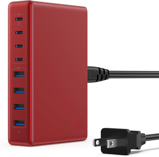 200W USB C Charger Block,8-Ports GaN III Fast Charging Station Hub,QC4.0+PD 65W Laptop Charger Wall Chargers Power Adapter for MacBook Pro/Air,DELL,Steam Desk,iPhone 16/15/14,iPad,Galaxy S25,Pixel-Red