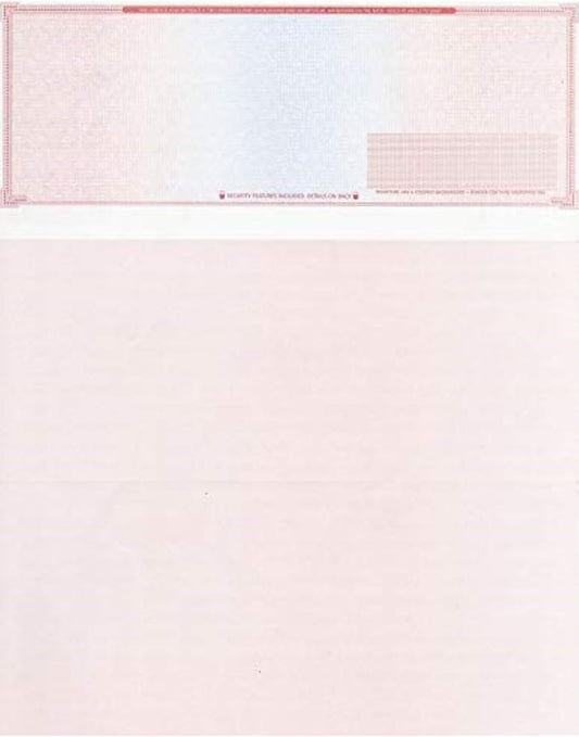 100 Blank Check Stock - Check on Top Mazed - Paper Weight # 70"High Security" Check Paper Red/Blue Mazed