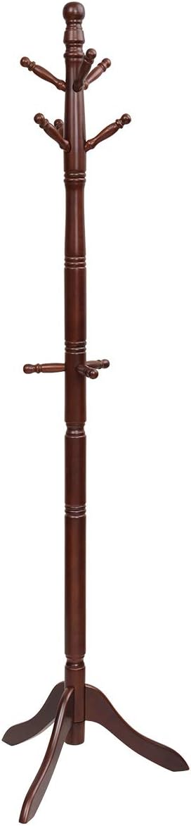 Tangkula Wood Coat Rack Freestanding, Entryway Height Adjustable Coat Stand with 9 Hooks & Stable Tri-Legged Base, Rubber Wood Coat Tree Hall Tree Coat Hanger Stand for Home Office Hall Entryway
