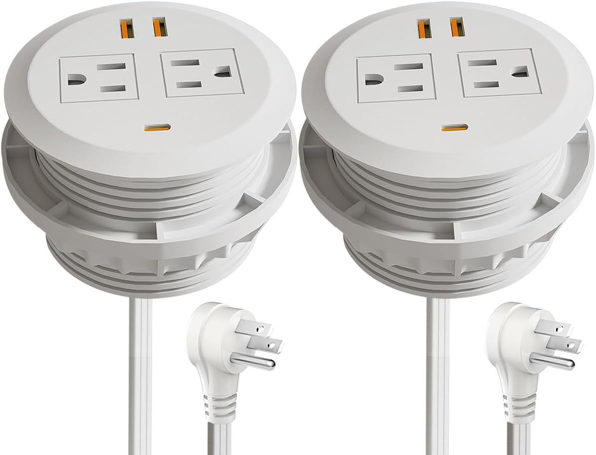 2pcs 3 Inch Desktop Power Grommet,GaN 65W USB C High-Speed Charging Station,3-USB Port,Flush Mounted for 3-1/8" Round Holes,Flat Plug.Desk Grommet Outlet for Workspace,Laptops,6.3ft,White