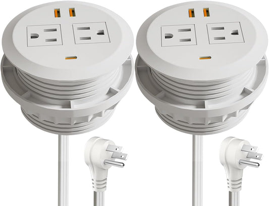 2pcs 3 Inch Desktop Power Grommet,GaN 65W USB C High-Speed Charging Station,3-USB Port,Flush Mounted for 3-1/8" Round Holes,Flat Plug.Desk Grommet Outlet for Workspace,Laptops,6.3ft,White