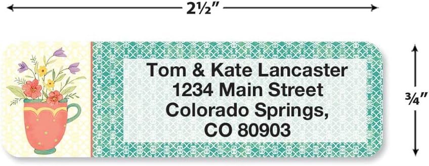 Teacups Rolled Personalized Return Address Mailing Labels with Dispenser, Set of 500, 5 Designs, Small ¾ x 2½ Inch Size, Custom Self-Adhesive Sticker Roll, by Colorful Images