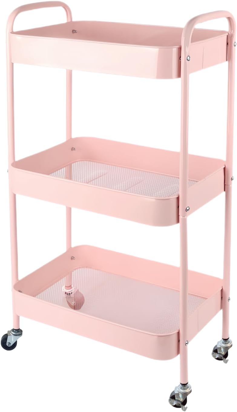 3 Tier Pink Rolling Cart for Nursery & Laundry Room with Handle & 4 Hooks, Metal Kitchen Storage Cart on Wheels and Lockable Casters, Large Capacity Sturdy Trolley for Lash Craft Bathroom