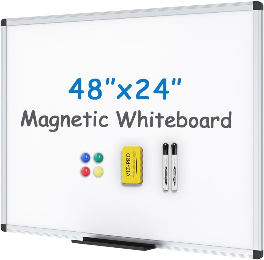 VIZ-PRO Magnetic Whiteboard/Dry Erase Board, 48 X 24 Inches, Includes 1 Eraser & 2 Markers & 4 Magnets