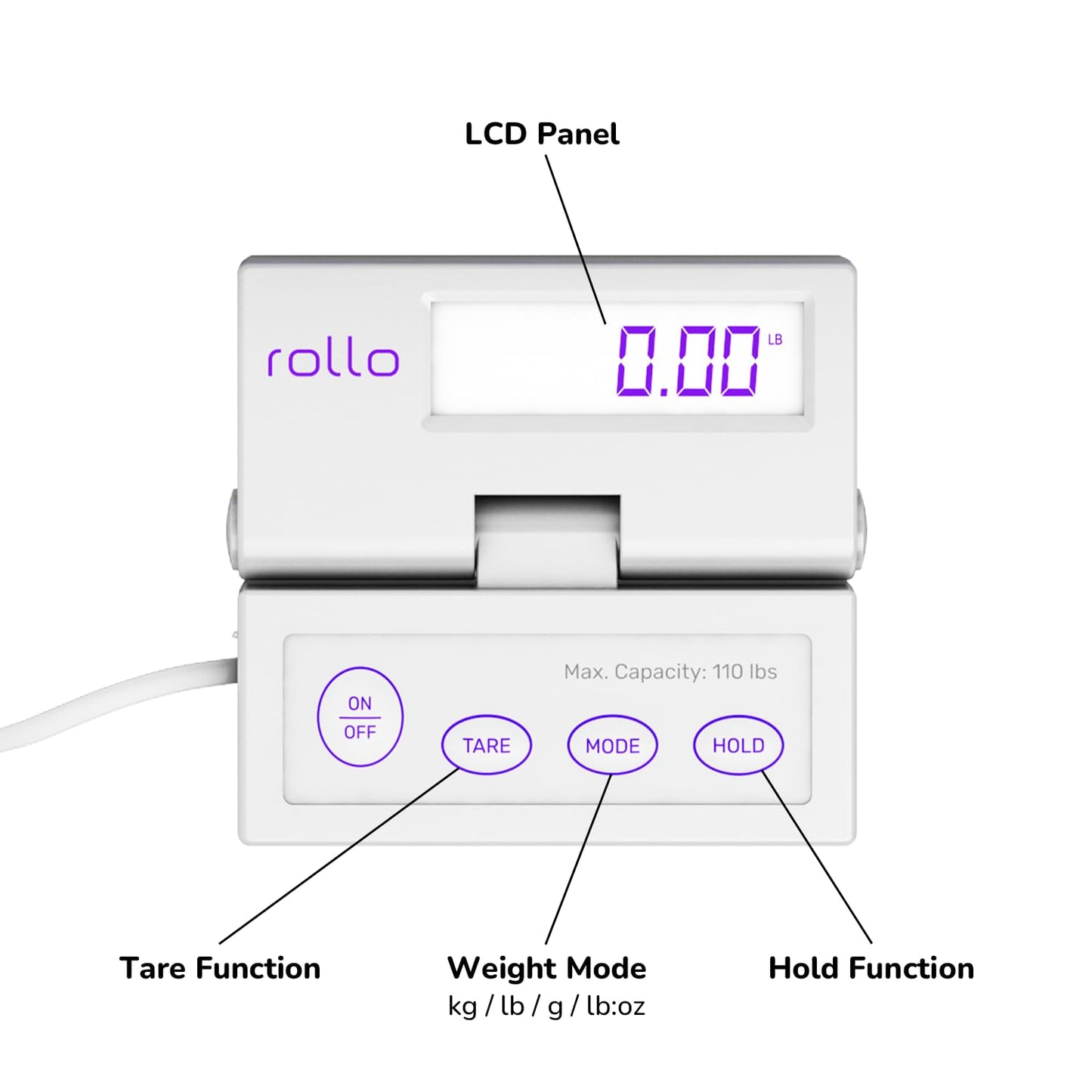 Rollo Shipping Scale For Packages - Digital Shipping Postal Scale (110 Lb Max) - Hold and Tare Functions - Includes AC Adapter and 2x AAA Batteries