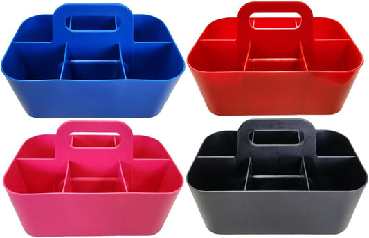 Small Stackable Plastic Caddy with Handle 6 Compartment | Desk, Makeup, Dorm Caddy, Classroom Art Organizers - 4 Pack, Made In USA (Black/Red/Blue/Hot Pink)