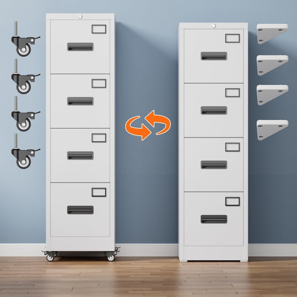 Aobabo File Cabinet 4 Drawer with Wheels, Lockable Office Metal Filing Cabinet with Name Card for Office and Home,Required Assembly,White