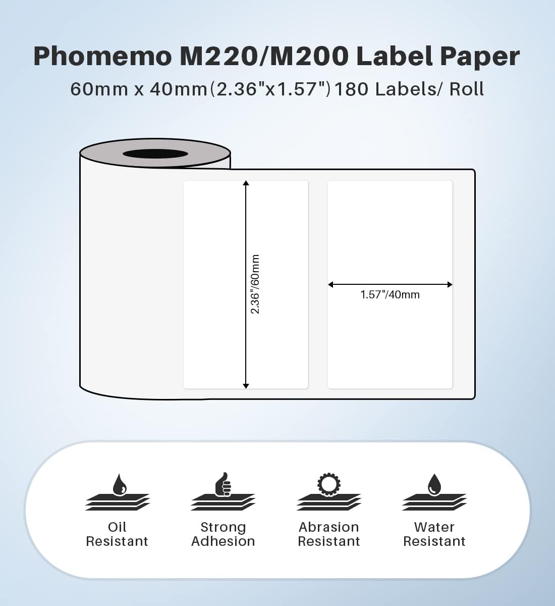 Phomemo Labels, 2.36'' x 1.57'' Self-Adhesive Sticker, Multipurpose Thermal Label for M220 M250 M260 M221 M200 Printer,for Barcode, Name, Jar, Tag, Address, Gift, Box and More Labeling,180 Pcs
