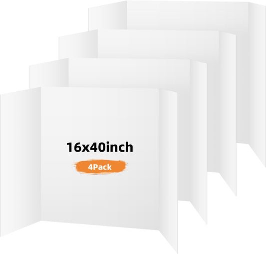 4 Pack Trifold Poster Board, 16x40 Inches White Presentation Board, Portable Display Board for Science Fair, School DIY Project and Business Exhibitions