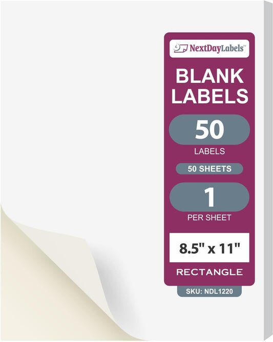 NextDayLabels - Full Page Labels 8.5 x 11 - White Shipping Labels - 8.5 x 11 Label Paper for Printer - Large Blank Matte Sticker Printer Paper - Laser/Inkjet Printer Labels (1 Per Sheet, 50 Labels)