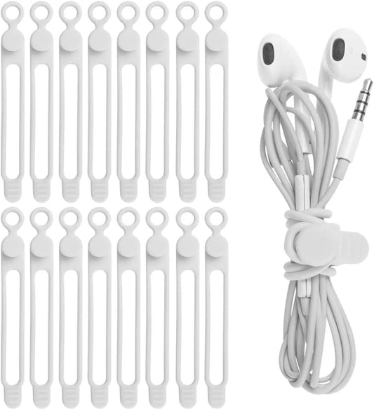 Nearockle 16Pcs Silicone Cable Straps Wire Organizer for Bundling Earphone, Phone Charger, Computer Cords, Reusable Cable Ties Cord Organizer in Home,Office,Kitchen,School(White)