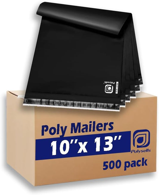 POLYSELLS 500 pcs 10x13 Inches Black Poly Mailers Shipping Envelopes, Strong Adhesive Sealing, Waterproof, and Tear-resistant Postal Mailing Bags for Clothing, Books, and Accessories