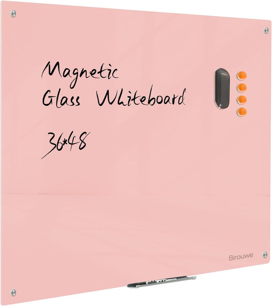 Magnetic Glass Dry Erase Board - White Board 48 x 36 Inch Wall Mounted Glass Whiteboard, Large Frameless Glass White Board for Wall Office, Home & School, Pink