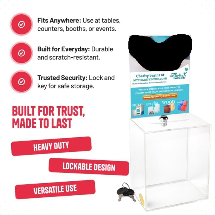 Clear Donation Box for Fundraising with Lock & Display Sign Holder, Raffle Box, Tip Box, Secure Ballot Box and Suggestion Box with Slot, Extra Large Ticket Box Size 16" x 8" x 6"