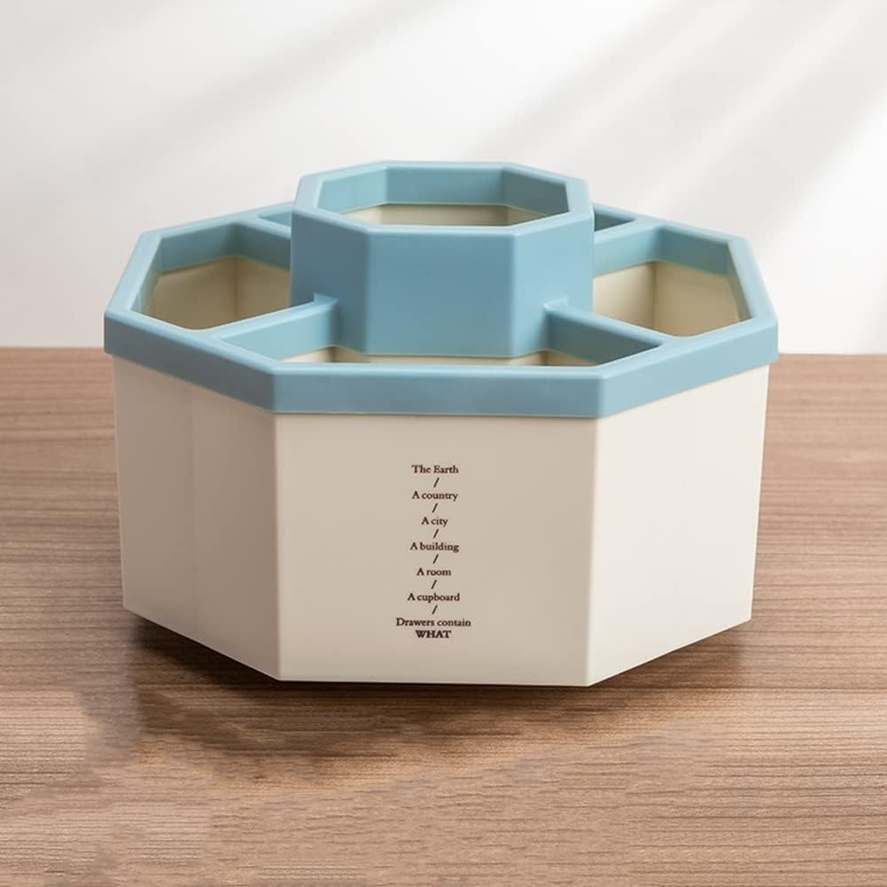 Desk Organizer, 360-Degree Rotating Multi-Functional Pen Holder, 5 Compartments Desktop Stationary Organizer, Home Office Art Supply Storage Box Caddy (White+Blue)