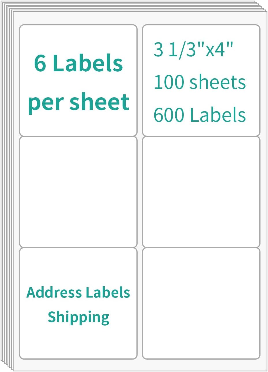 6 UP Labels, 4" x 3-1/3" Shipping Address Labels for Laser Inkjet Printer, Self Adhesive, Blank Mailing Sticker Paper (4000 Sheet=24000 up)