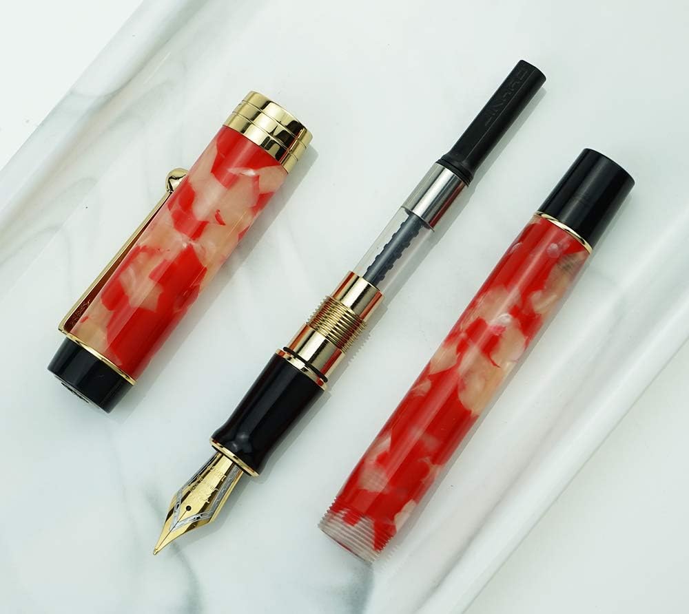 Jinhao 100 Fountain Pen Celluloid Classic Style, #6 Nib Smooth Writing Instrument with Refillable Converter and Pen Case Set