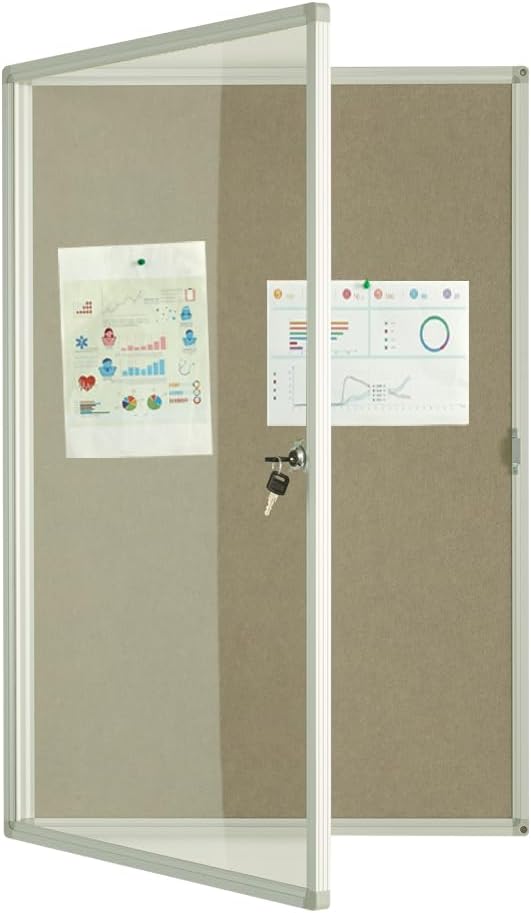 Enclosed Felt Bulletin Board 36x24 inch Lockable Cork Noticeboard Display Cases Tamperproof Notice Poster Memo Board with Aluminum Frame for Office, Classroom, Home with 2 Keys (Felt Board)