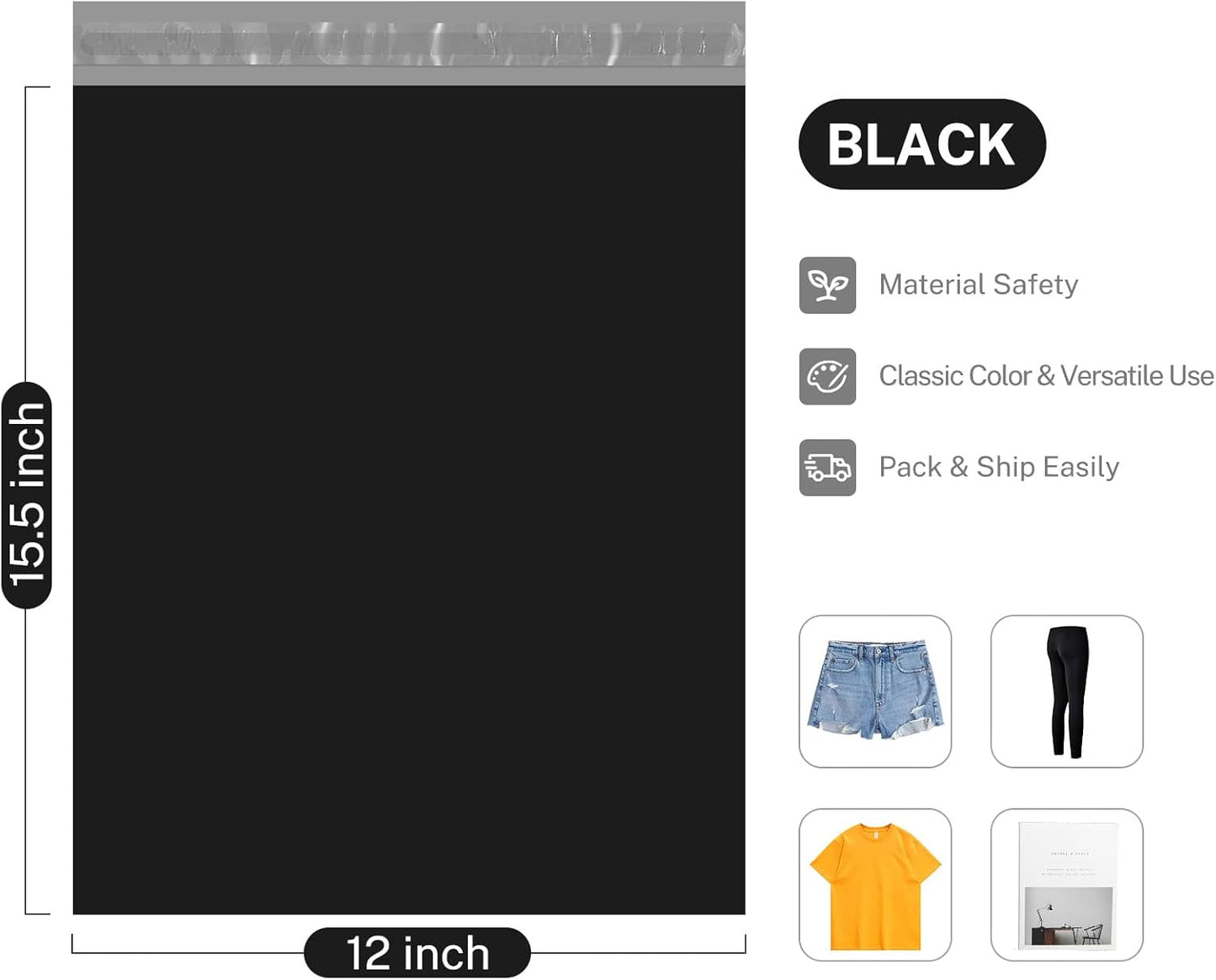 Metronic Poly Mailers 12x15.5 Envelope Mailers 100pack Shipping Bags with Self Adhesive Waterproof and Tear-Proof Postal Bags in Black