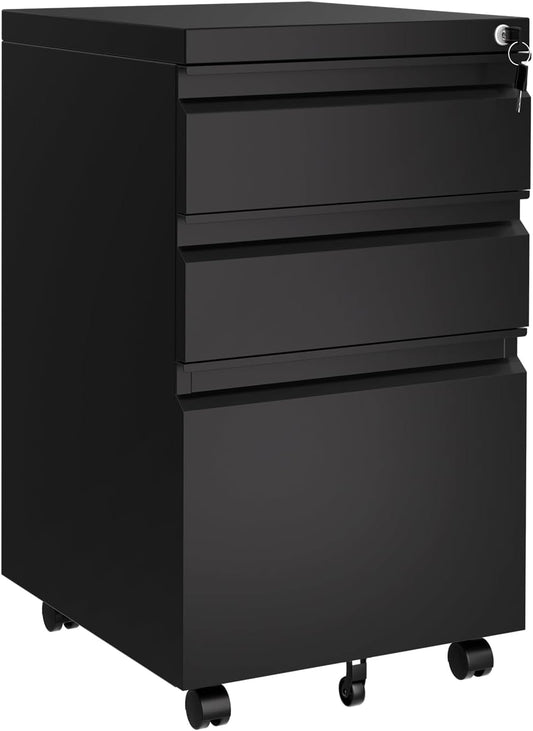GarveeHome 3-Drawer Mobile File Cabinet with Lock Keys | Under Desk Lateral Storage Fits Legal Letter A4 | Adjustable Shelf, Easy Assembly Office Home Workspace - Dark Black
