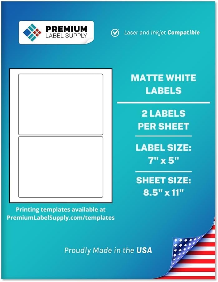 Premium Label Supply White Sticker Shipping Labels – 7" x 5" – Laser/Inkjet Compatible – (2 per Sheet), 1000 Sheets – 2000 Total Adhesive Labels