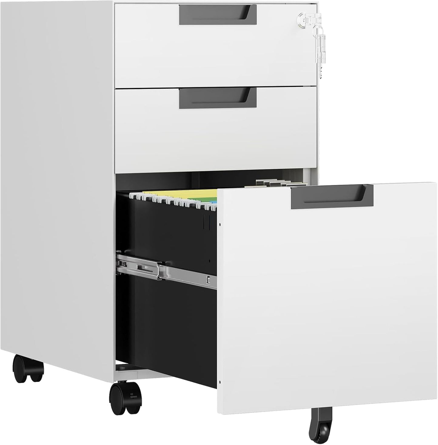 3 Drawer File Cabinet with Lock, Fully Assembled Metal Mobile Filing Cabinets for Home Office, Small Rolling File Caninet on Wheels for Legal/Letter / A4 File, White