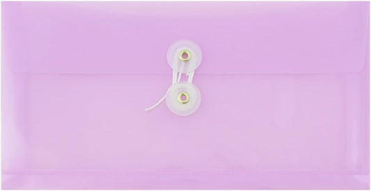 JAM PAPER #10 Plastic Envelopes with Button & String Tie Closure - 4 1/8" x 9 1/2" - Lilac Purple - 12/Pack