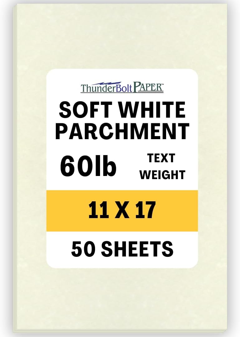 50 Soft Off-White Parchment 60# Text (=24# Bond) Paper Sheets - 11" X 17" (11X17 Inches) Tabloid|Ledger|Booklet Size - 60 Pound is Not Card Weight - Vintage Colored Old Parchment Semblance