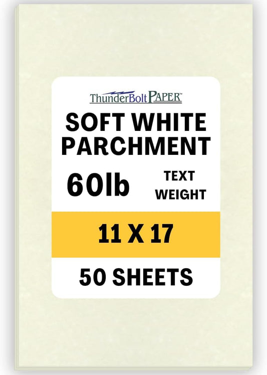 50 Soft Off-White Parchment 60# Text (=24# Bond) Paper Sheets - 11" X 17" (11X17 Inches) Tabloid|Ledger|Booklet Size - 60 Pound is Not Card Weight - Vintage Colored Old Parchment Semblance