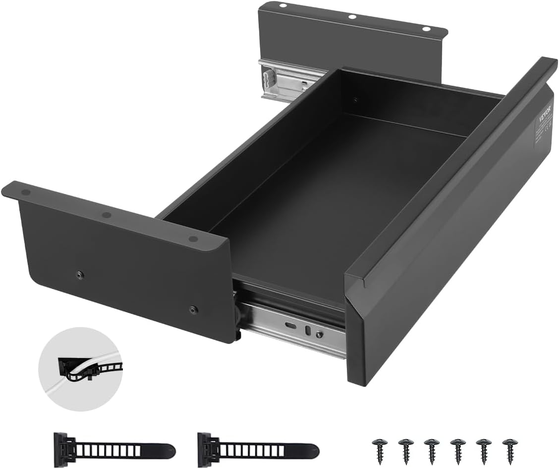 VEVOR Under Desk Drawer Slide Out, 16 inch Attachable Desk Drawer for Sit Stand Workstation, Hidden Under Counter Drawers for office Home, Black