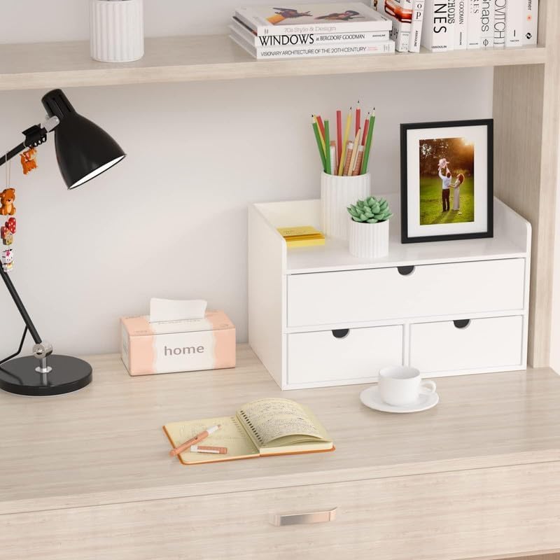 Wisuce Bamboo Desk Organizer - Mini Bamboo Desk Drawer Tabletop Cosmetic Storage Organization for Office or Home White with Shelf