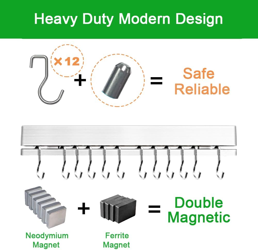 YIIYIIN 17" Premium 304 Stainless Steel Double-Sided Magnetic Knife Holder for Wall or Fridge -with Adhesive Strip, No Drill - 12 Hooks Included for Kitchen Utensils