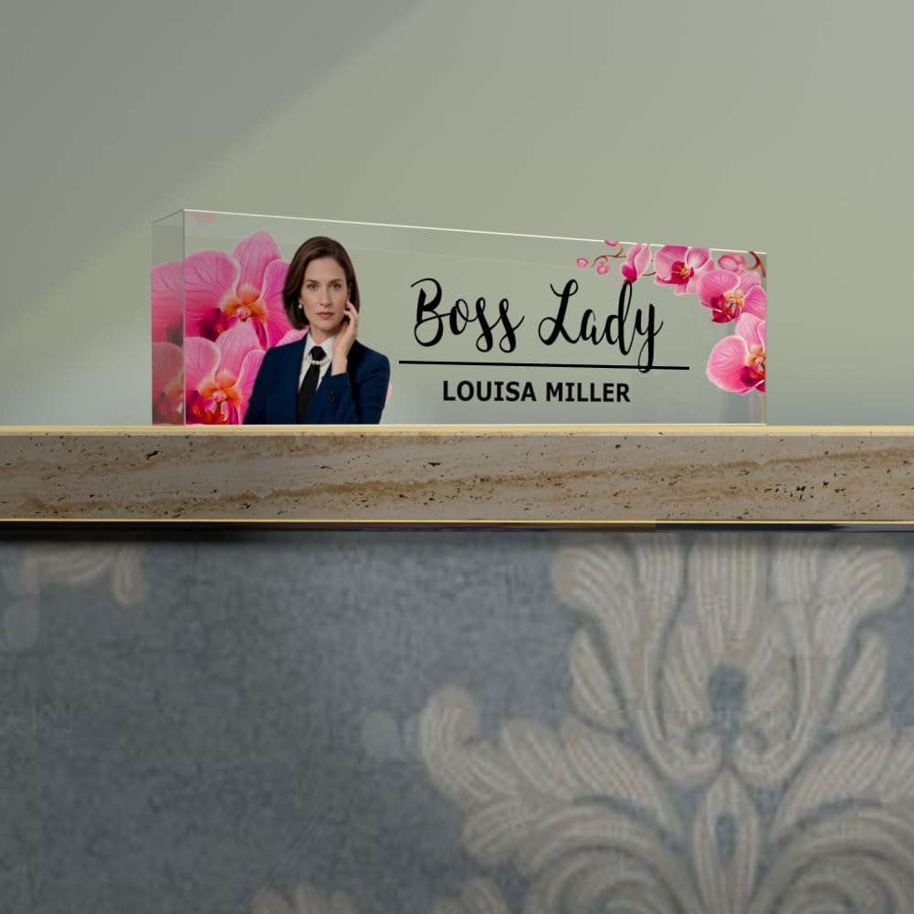 Personalized Photo Customizable Acrylic Desk Name Plate - Engraved Name & Title with Uploaded Image for Office, Lawyer Gifts, Teacher Decor