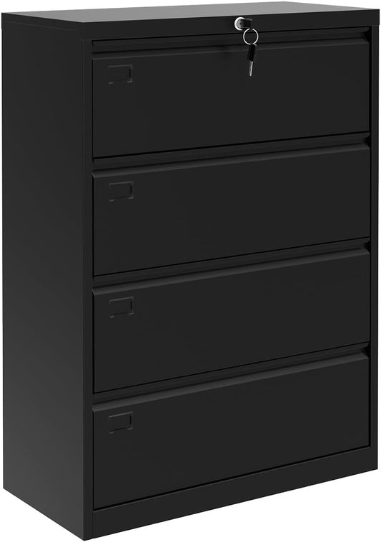 GarveeHome 4-Drawer Lateral File Cabinet with Lock,Heavy Duty Steel Office Storage for Letter/Legal/A4 Documents, Easy Assembly Space-Saving Design - Black