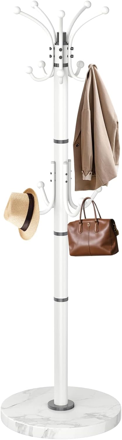 EZIVIEZ Modern Coat Rack Stand, 360° Rotary Metal Freestanding Coat Rack with Natural Marble Base, White Coat Racks and Coat Hanger Tree Jacket Stand with 14 Hooks for Office, Entryway, Hallway