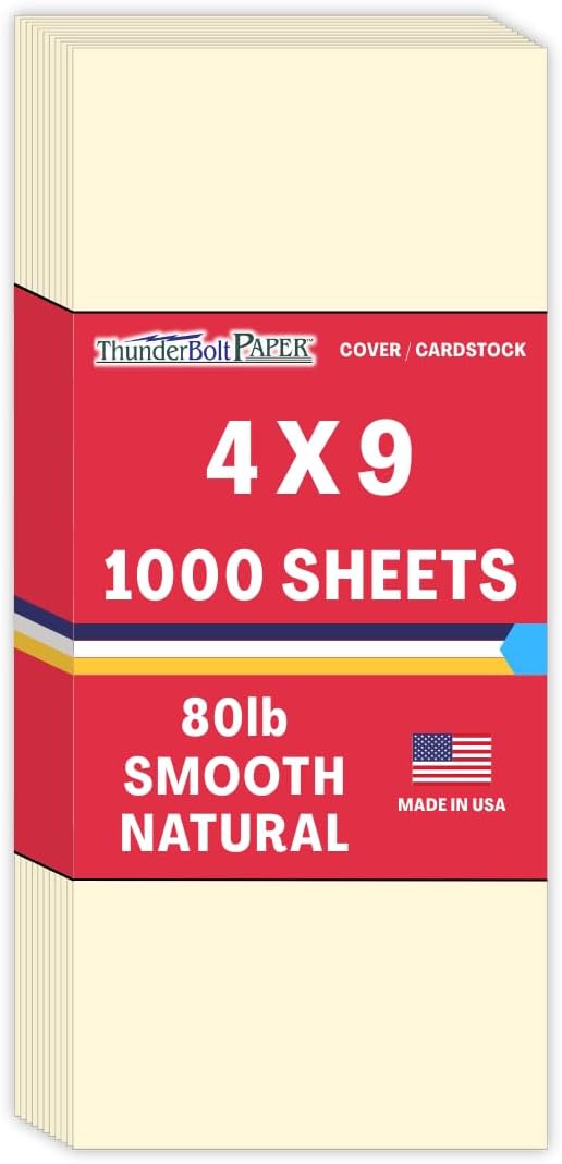 1000 Natural Smooth Card Stock Sheets Paper - 4" X 9" (4X9 Inches) #10 Envelope Insert Size - 80# (80 lb/pound) Cover Weight - Quality Paper - Smooth Finish