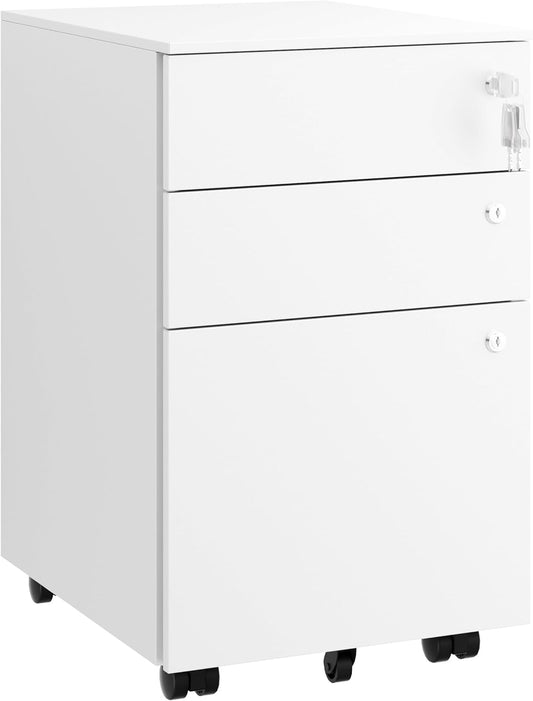 Mobile File Cabinet with 3 Locks, 3 Drawer File Cabinets for Home Office, Under Desk Metal Filing Cabinet for A4/Letter/Legal, Lockable, Fully Assembled Except castors, White