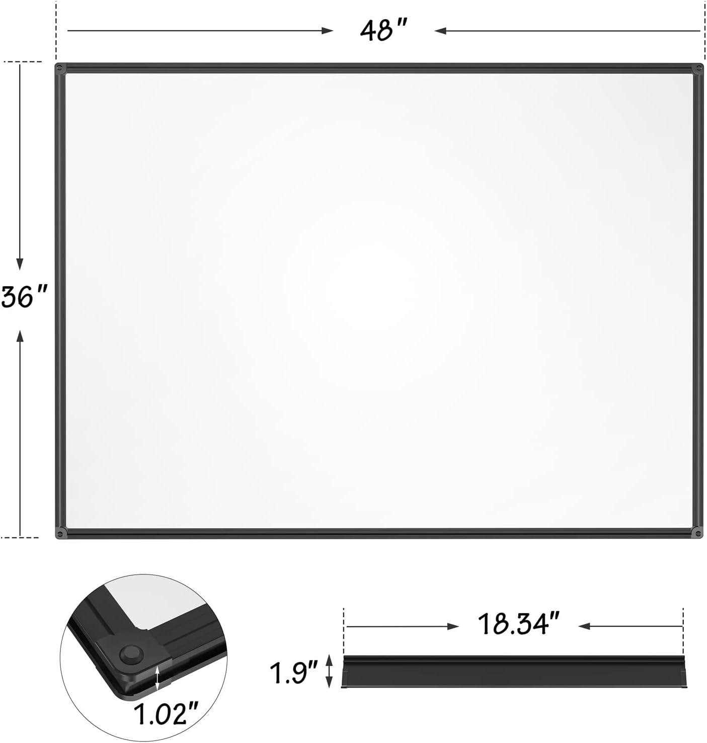 Magnetic Dry Erase Whiteboard 48 x 36 Inch - 4 x 3 Large White Board, Black Aluminum Frame Wall-Mounted, Magnetic Eraser, 2 Pen, Detachable Marker Tray, 6 Magnets for Office, School