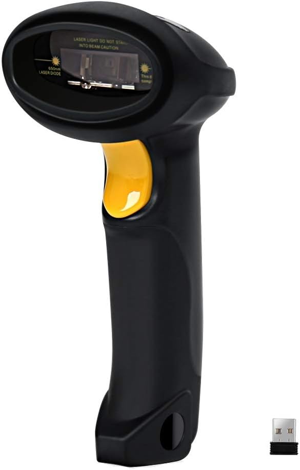 Barcode Scanner (2.4GHz Wireless USB Automatic & USB2.0 Wired) Rechargeable 1D Handheld Bar-Code Reader Support for FedEx and USPS Maximum Offline 2600 Code Entries