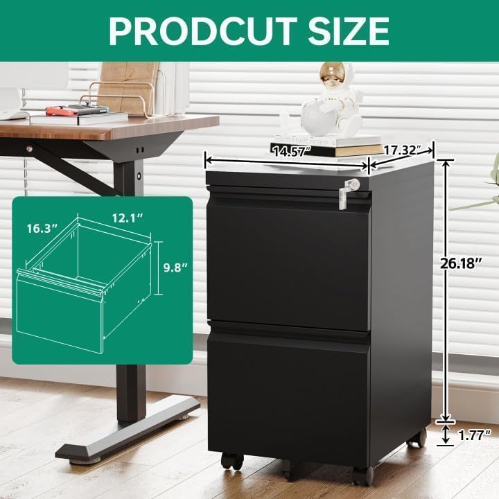 Letaya 2 Drawer Mobile File Cabinet with Lock, Under Desk Metal Rolling Filing Cabinets for Home Office Organizer Letters/Legal/A4 (Black- Requires Installation)