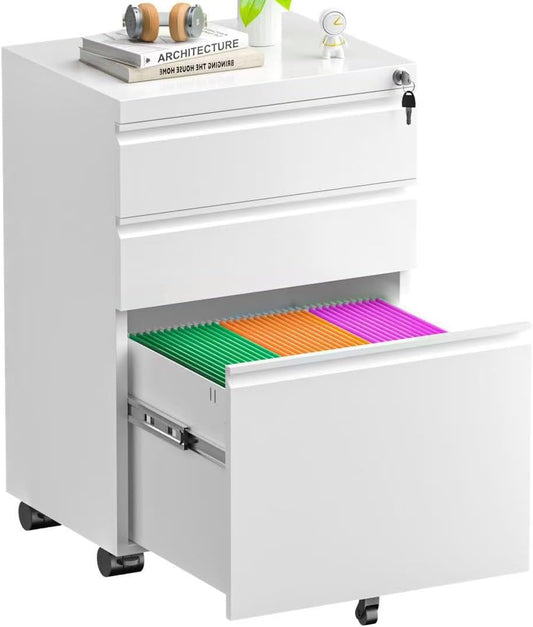 Superday White 3 Drawer Mobile Locking File Cabinet, Metal Rolling Vertical Filing Cabinet with Drawers, Small Under Desk File Cabinets for Office and Home, Fully Assemble