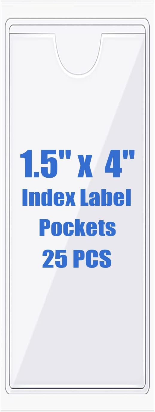 Origin-Joy 25 PCS Self-Adhesive Index Label Pockets, Clear Plastic Peel & Stick Card Holders with Top Open for Loading (1.5 x 4 inch)