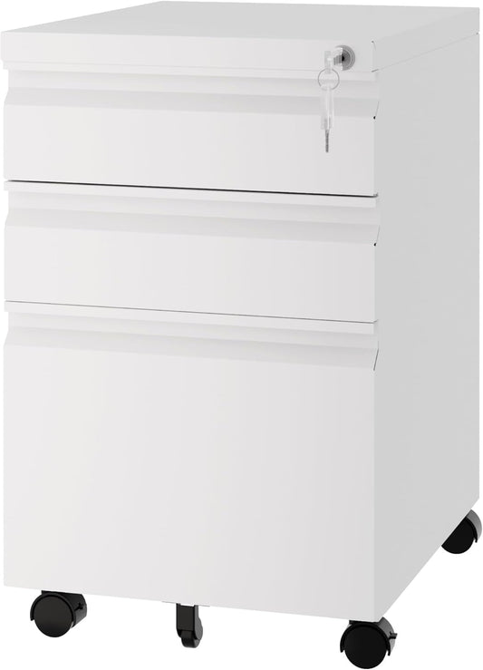 3 Drawer Vertical File Cabinet, Mobile Filling Cabinet with Lock for Legal/Letter Size, Pre-Built Office Storage File Cabinet with Wheels Under Desk - Fully Assembled