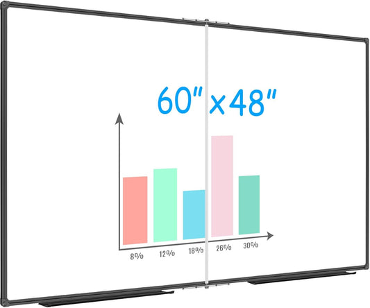 JILoffice Large Foldable White Board 60 x 48 Inches, Dry Erase Magnetic White Board, Black Aluminum Frame with 2 Detachable Marker Trays Wall Mounted Board for Office Home and School