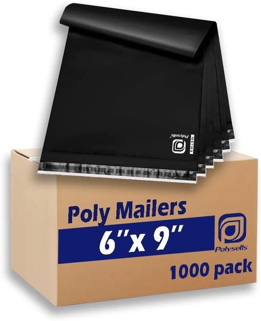 POLYSELLS 1000 pcs 6x9 Inches Black Poly Mailers Shipping Envelopes, Strong Adhesive Sealing, Waterproof, and Tear-resistant Postal Mailing Bags for Clothing, Books, and Accessories